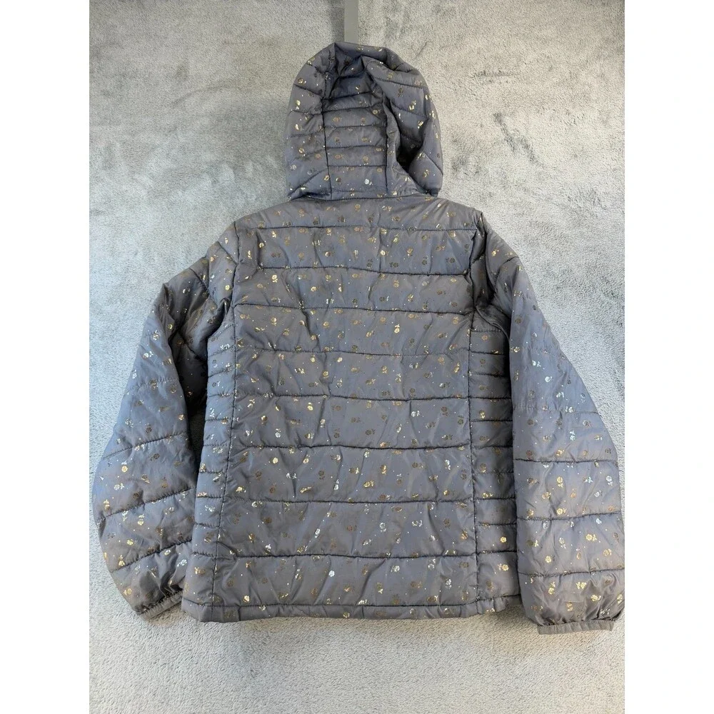 GAP Kids Girls Puffer Jacket Hooded Gray Gold Floral Quilted XL 12 13